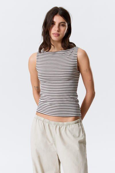 annie striped sleeveless boat-neck top - Grey & White Stripes
