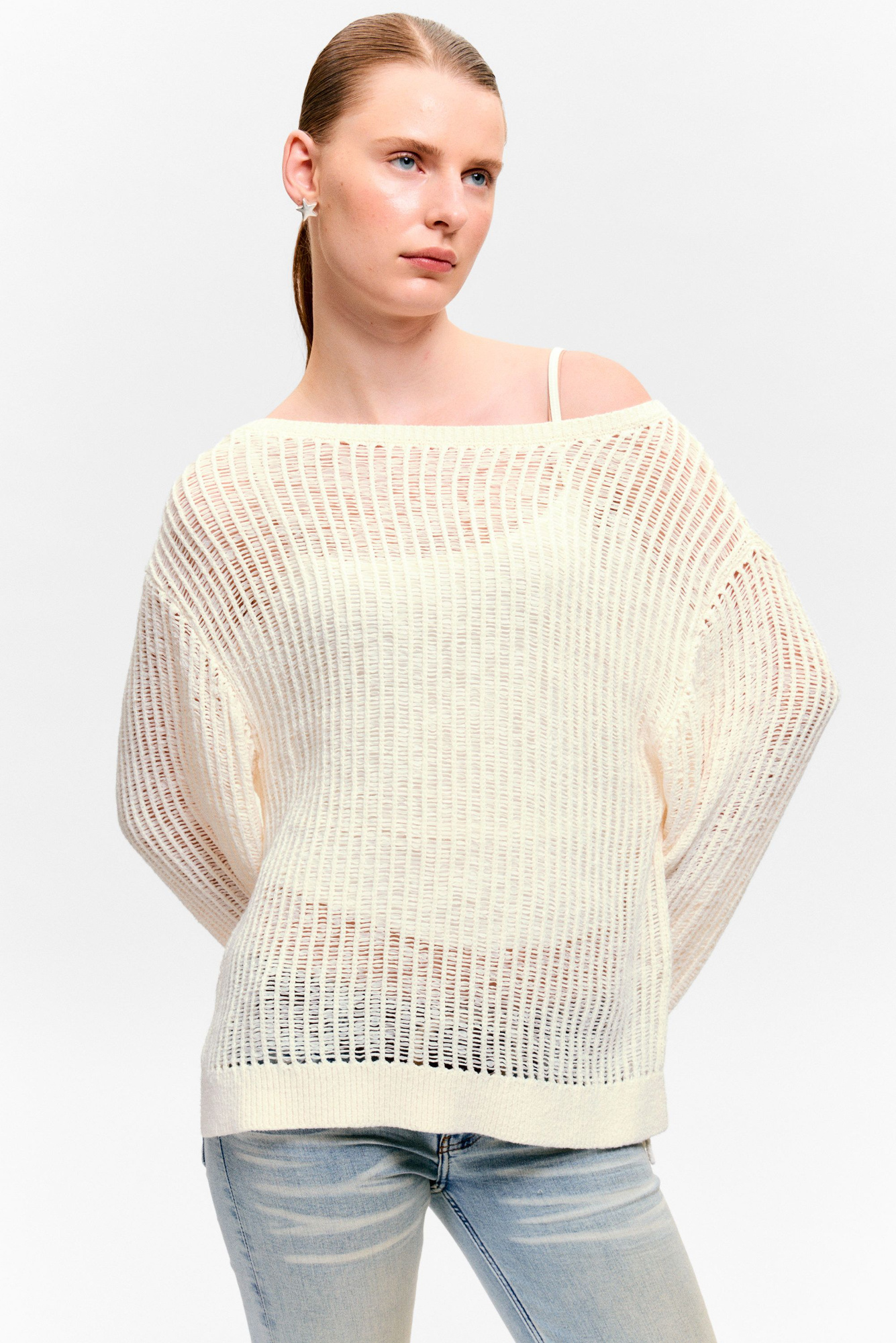 loose open-knit side slit sweater - White | Monki EU