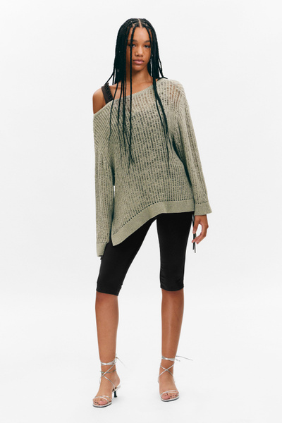 loose open-knit side slit sweater - Khaki Green | Monki WW