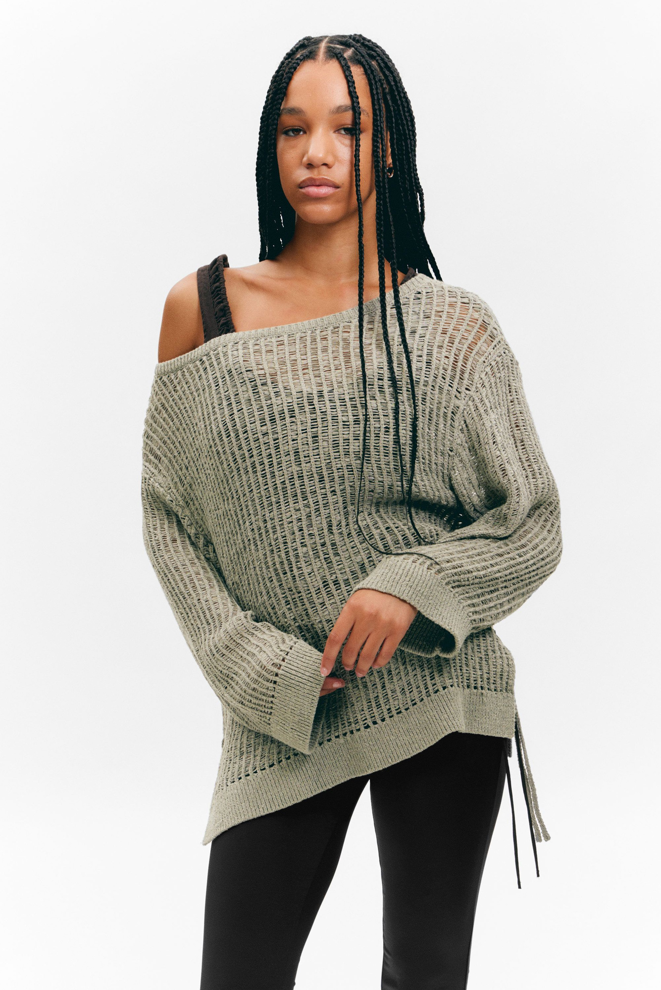 loose open-knit side slit sweater - Khaki Green | Monki WW