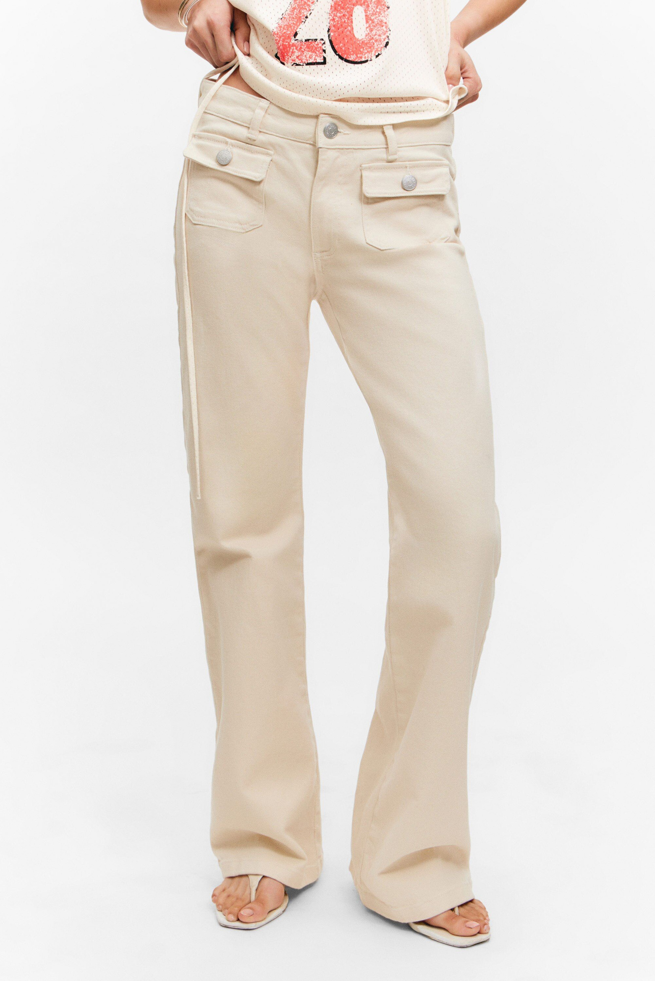 low waisted bootcut twill trousers - Light Beige | Monki WW