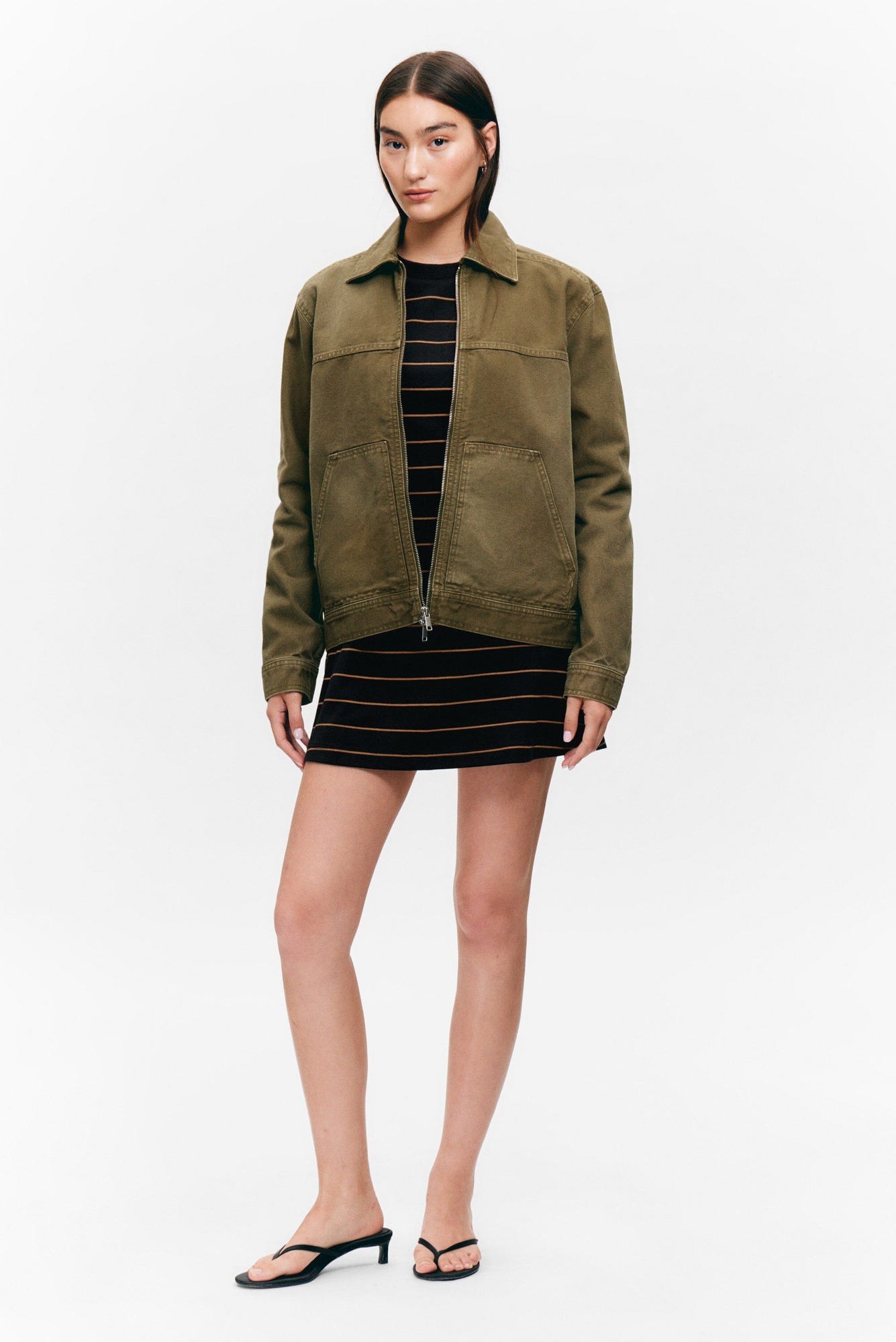 two-way zip oxford jacket - Dark Khaki Green | Monki NO