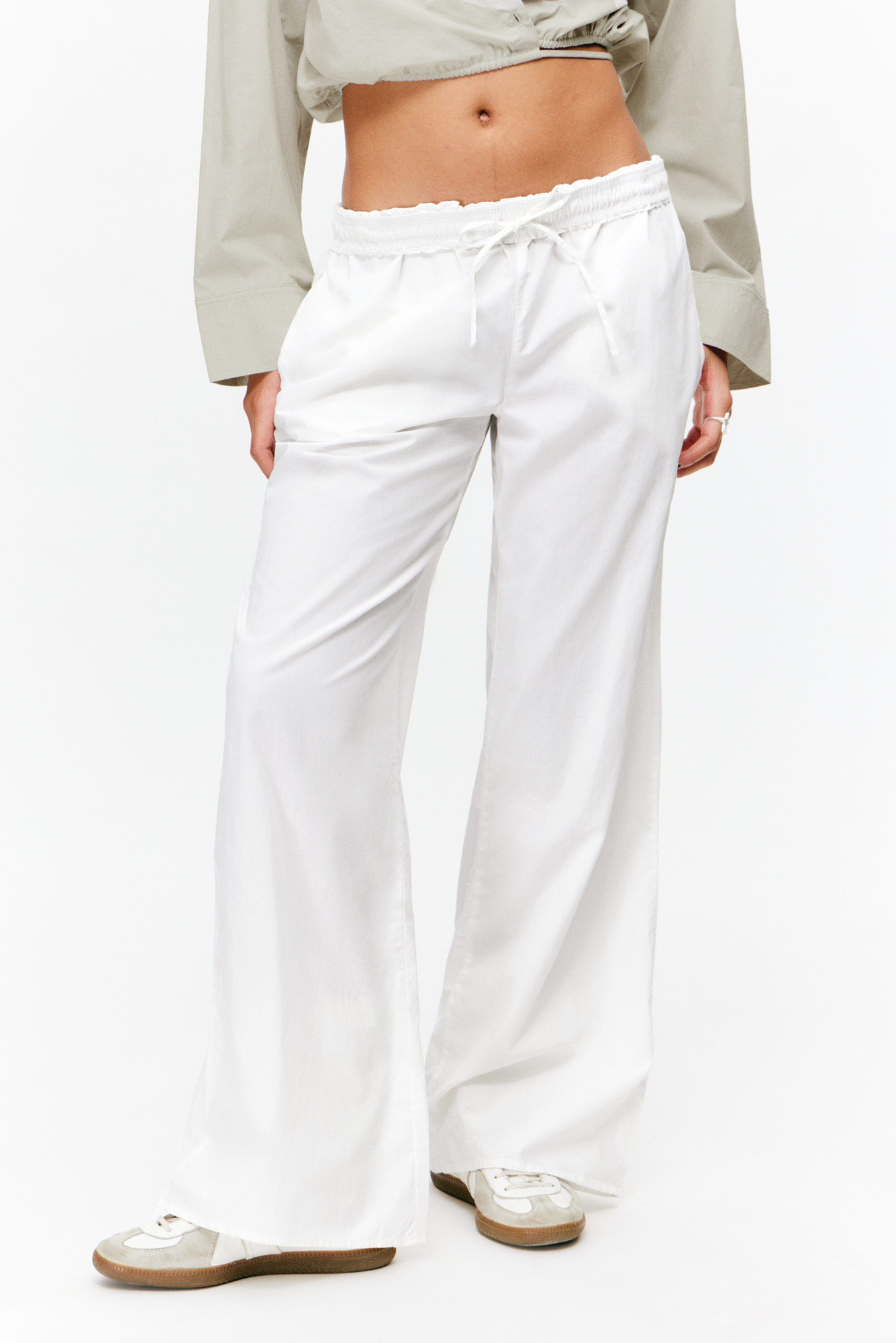 【Anyone more】Snuggle White Cotton Wide Pants wide leg cotton poplin pyjama trousers - White | Monki EU