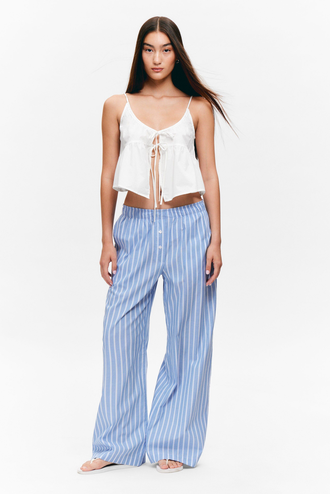 cotton poplin tie-front pyjama top - White | Monki WW