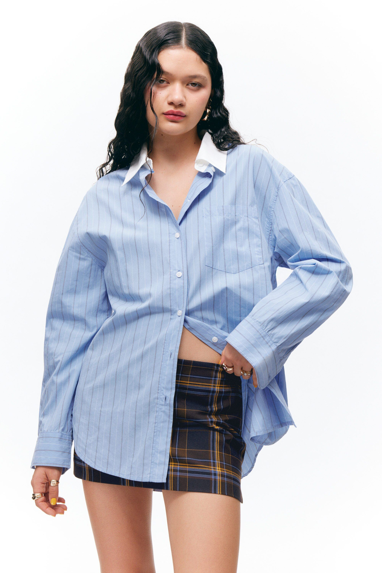 long-sleeved oversized poplin shirt - Striped Light Blue