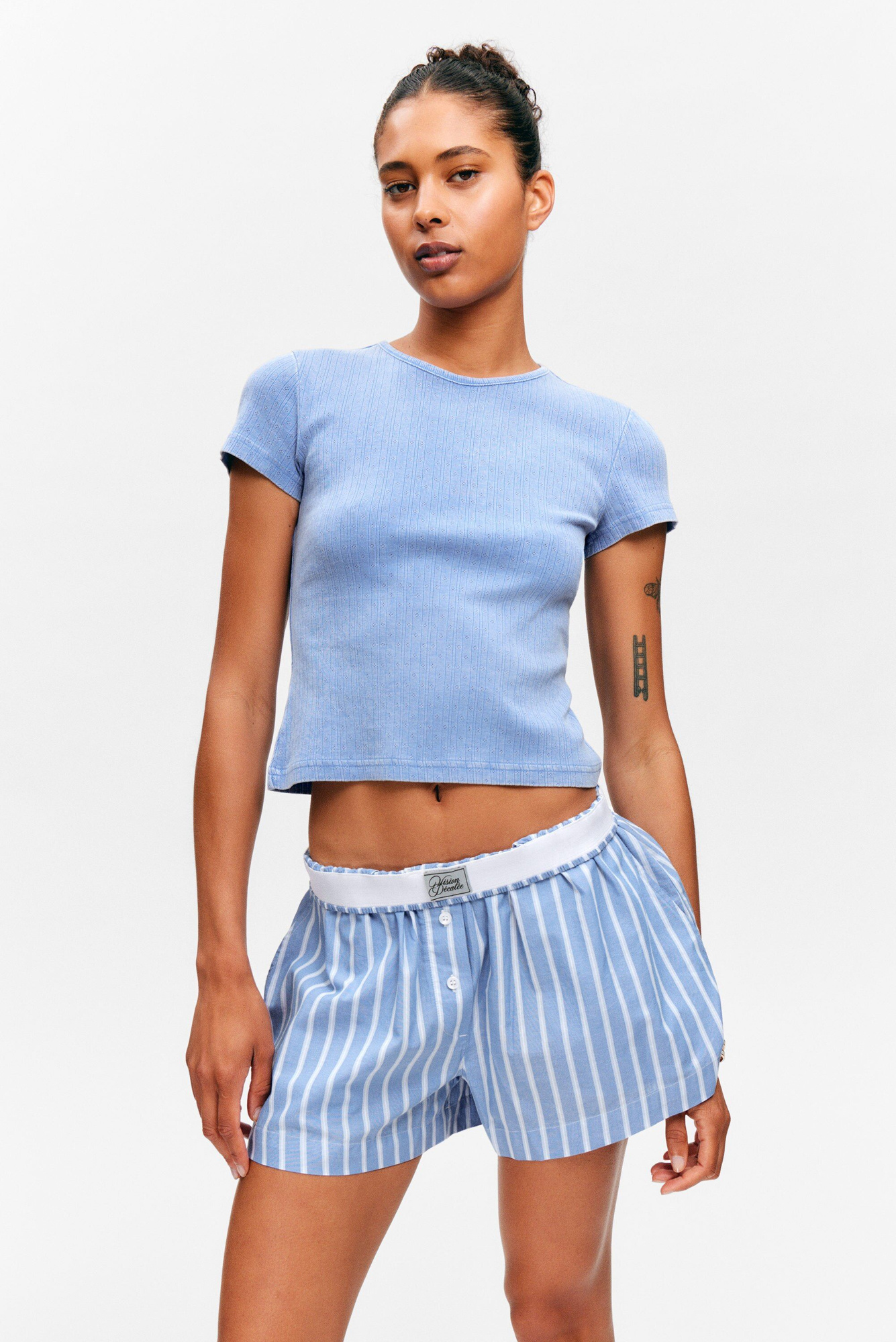 soft short-sleeved pointelle top - Dusty Blue | Monki WW