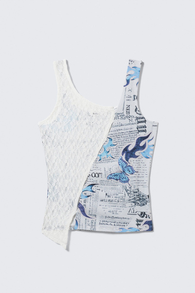 tatch¨̮⃝ patchwork asymmetric jersey tank top - White Lace/Newspaper