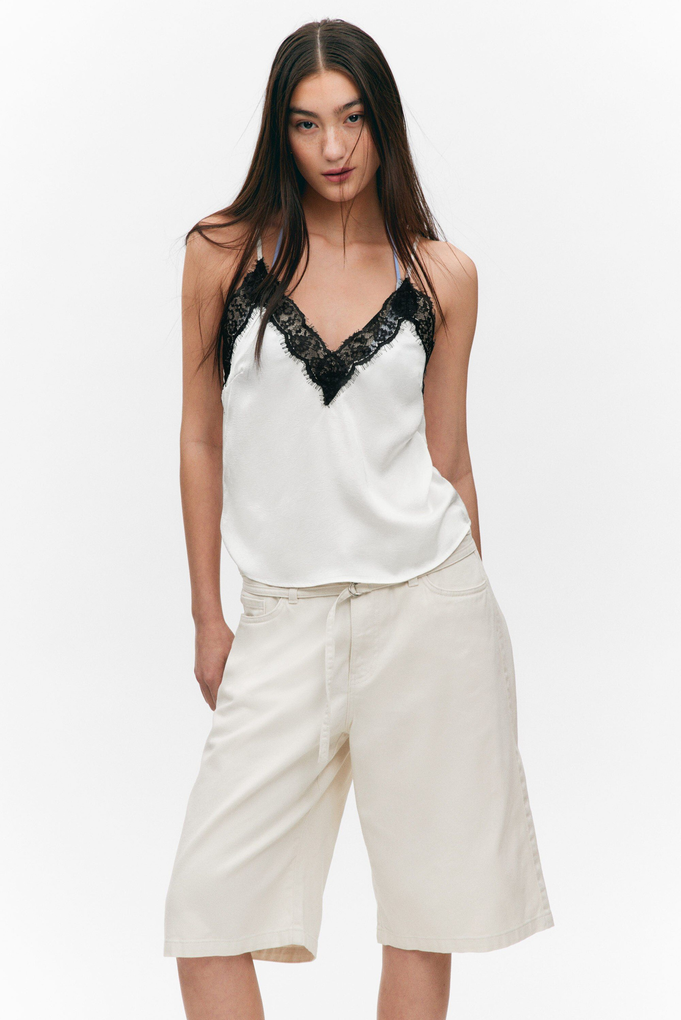 lace-trimmed satin camisole - White | Monki WW