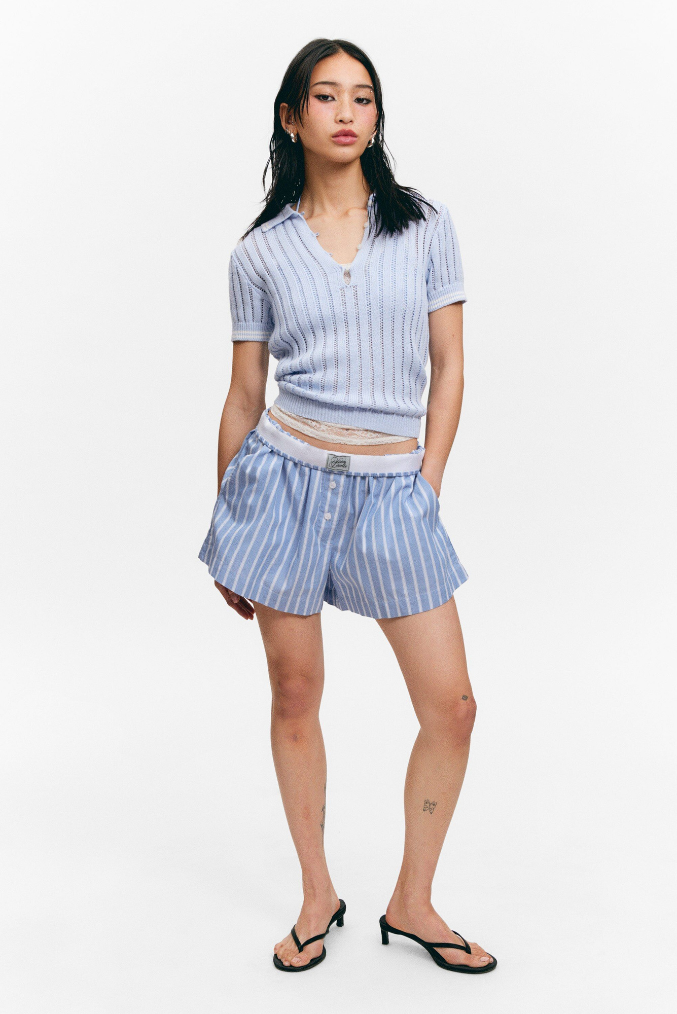 relaxed cotton boxer shorts - Striped Blue | Monki WW