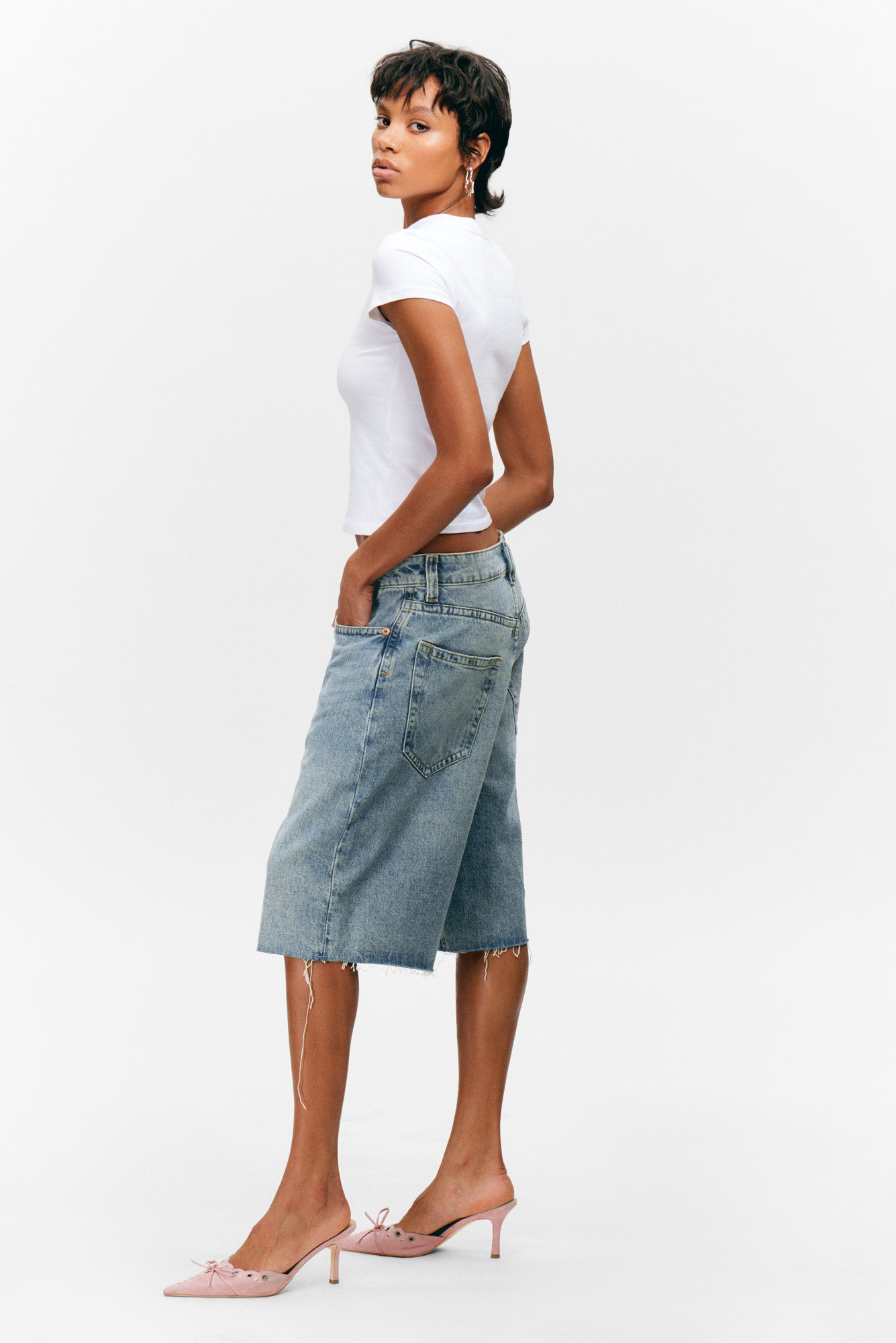 peggy low waist loose baggy leg denim shorts - Mid Blue