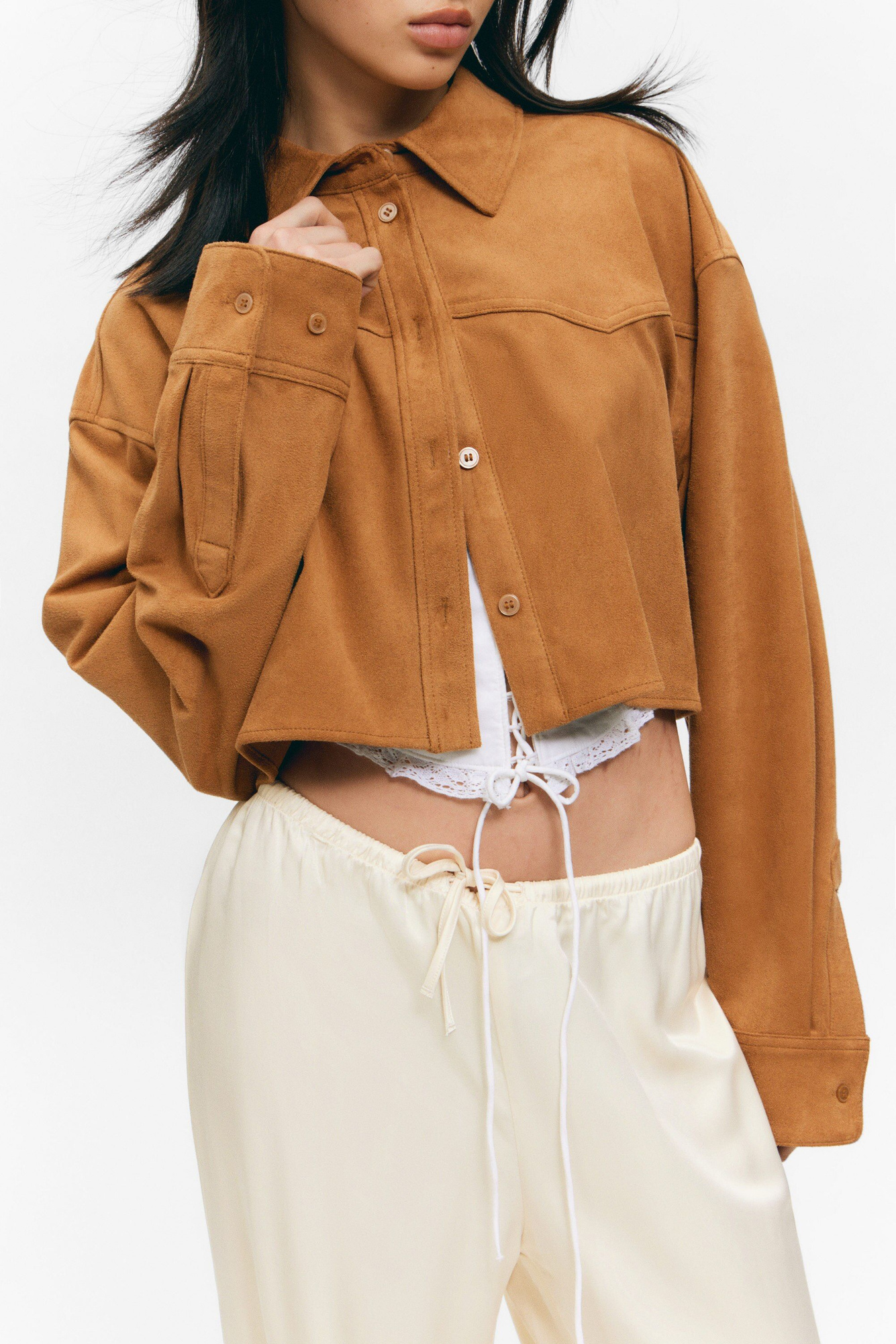 cropped faux suede western shirt - Brown | Monki WW