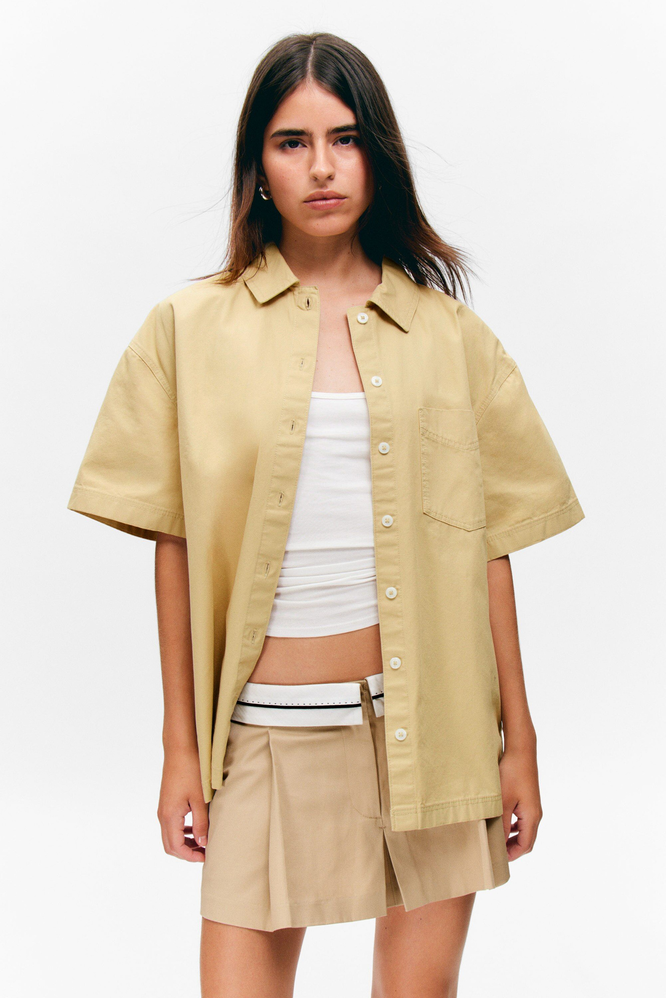 oversized cotton canvas short-sleeved shirt - Beige | Monki WW