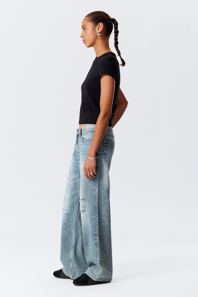 【YOURNUS】Slimy Linen Loose Wide Denim dynasty low rise loose wide leg jeans - Torn Blue - Medium