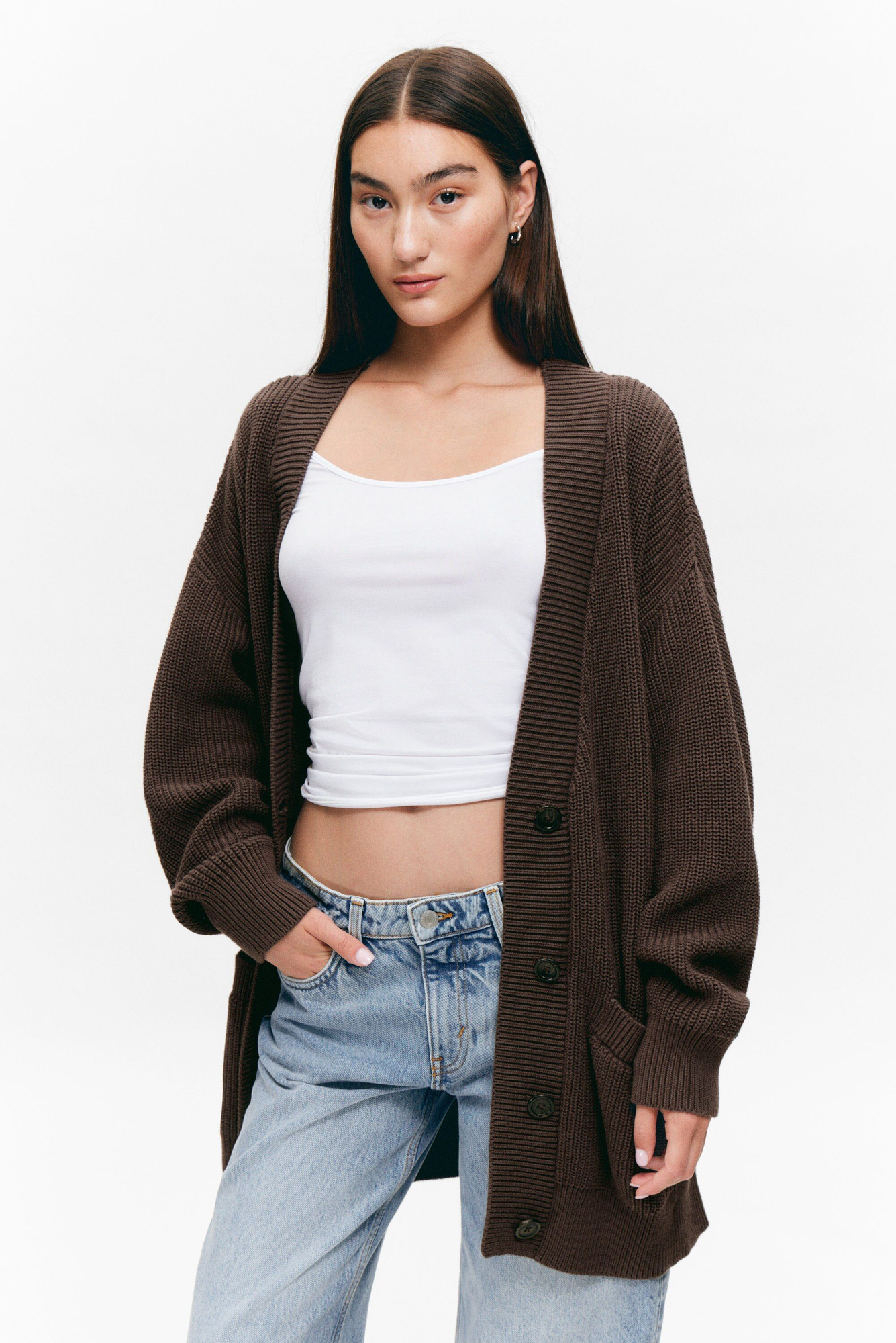 oversized v-neck cotton knit cardigan - Dark Brown | Monki WW