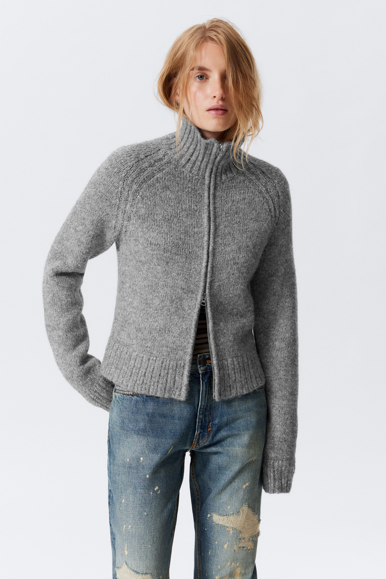 HEAP layer knit cardigan グレー Waffle Stitch Wool Blend Edge to Edge Cardigan | Light Grey