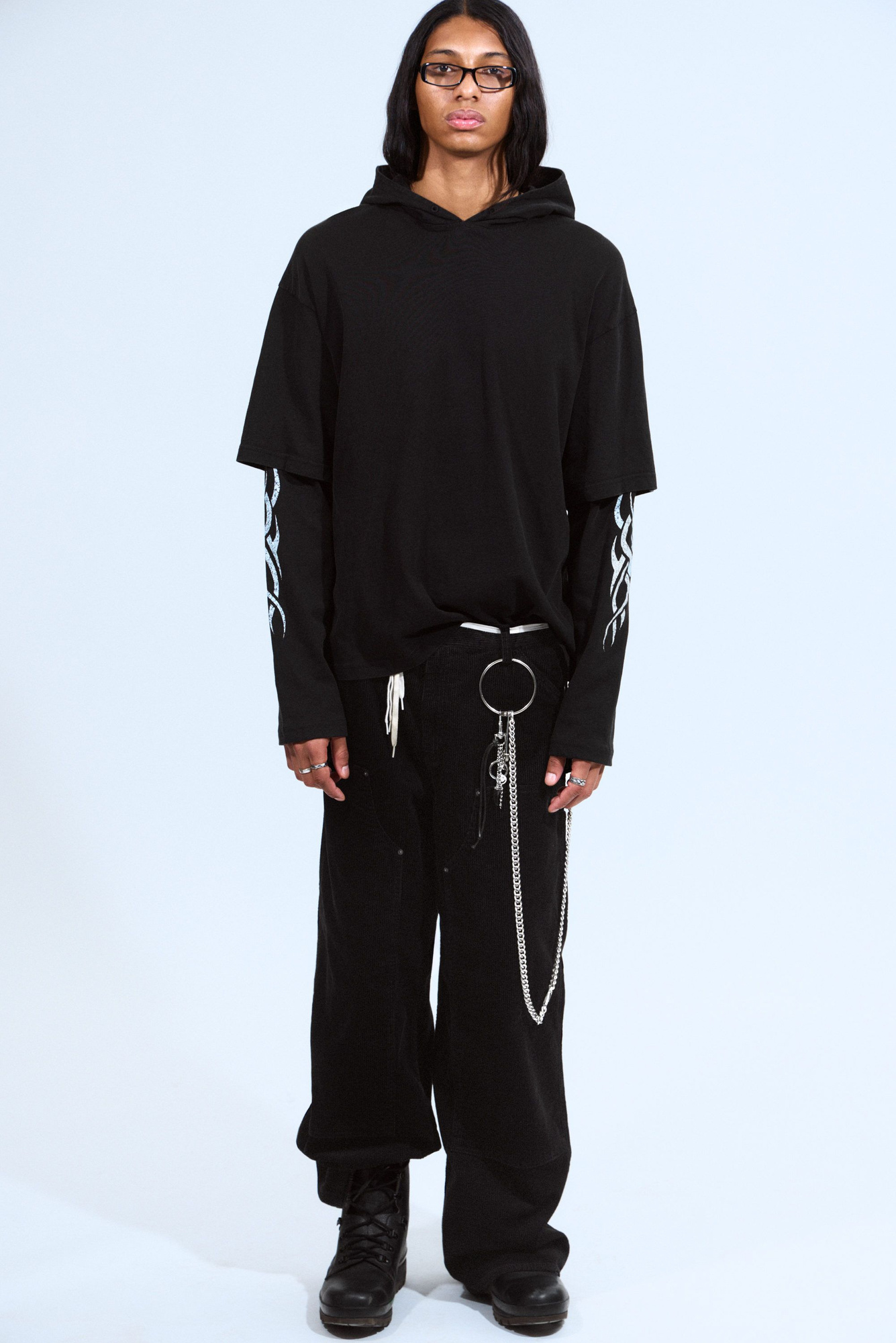 long-sleeved double-layered oversized t-shirt - Black